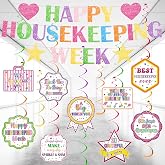 MotiMind 12 Pcs Happy Housekeeping Week Decorations Colorful Glliter Housekeeper Appreciation Banners wtih Hanging Swirls Thank You Card for Hotel Office Lobby Staff Recognition Event