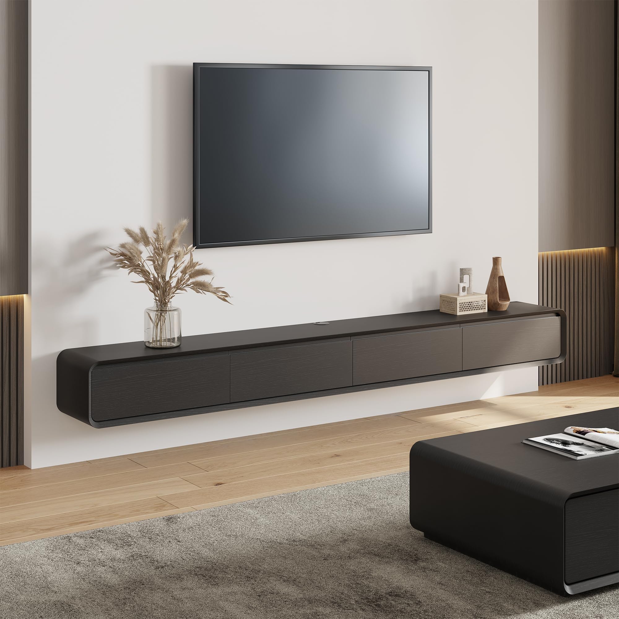 Photo 1 of ***(DAMAGED -CORNER -SELLING AS IS***
POVISON DONICY Fully-Assembled Minimalist Floating TV Stand, Modern Wall-Mounted Entertainment Center with 4 Flip-Down Cabinet Doors, Solid Wood Media Console, Black Oak, 94"