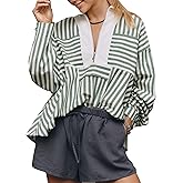 RIATOUR Women's Half Zip Striped Shirt Casual Ruffled Long Sleeve Oversized Loose Blouse Tops