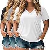 Neer 3 Pack Women's Plus Size T Shirts Short Sleeve V Neck Tops Solid Flat Hem Basic Loose Causal Tees