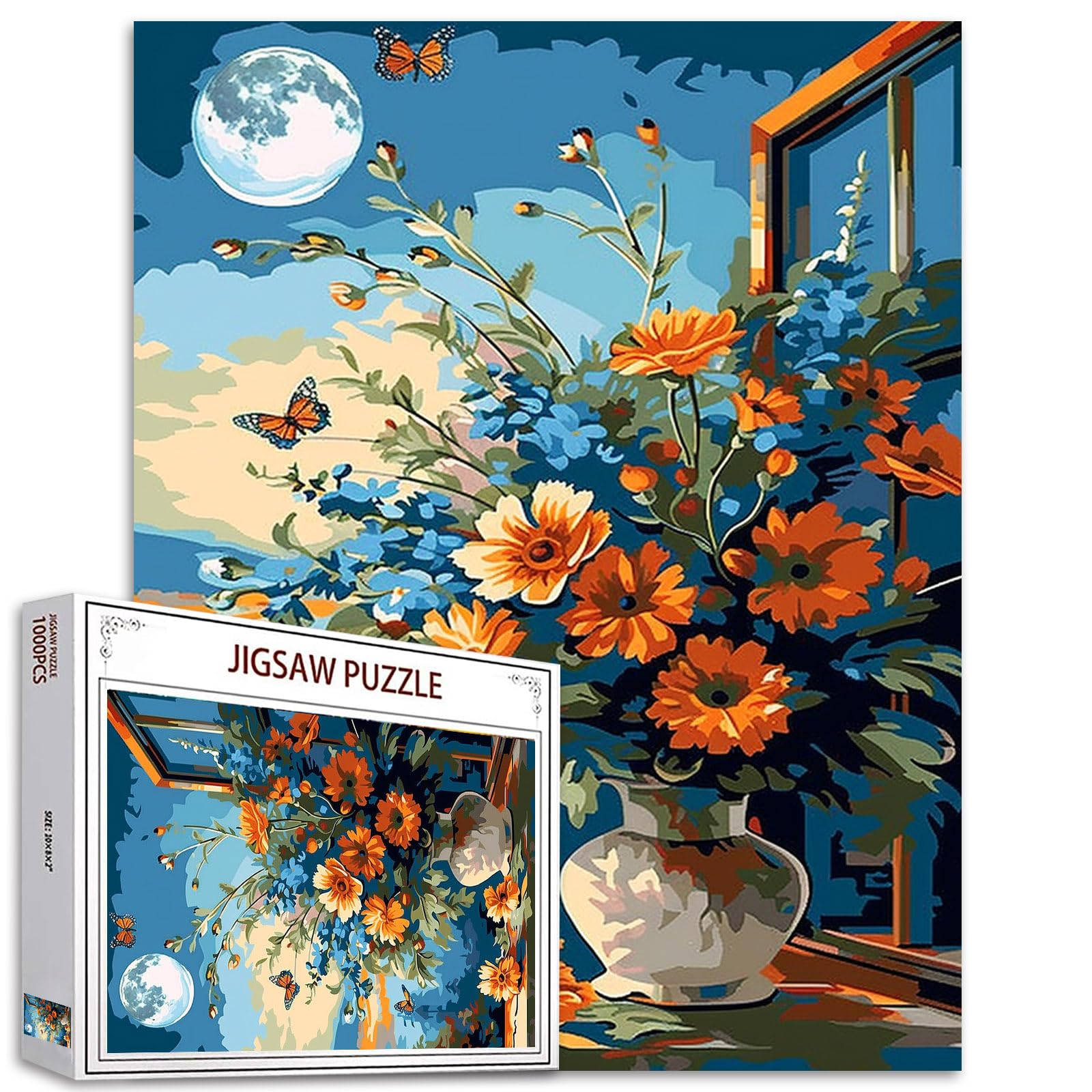 Photo 1 of **BOX HAS DAMAGE** Window Landscape Jigsaw Puzzles 1000 Pieces for Adults, Families (Full Moon,Tropical Plants,Flowers,Vase,Butterfly) Pieces Fit Together Perfectly 19.7''x27.6''inch Wildflowers Magic Puzzle Art?Blue?