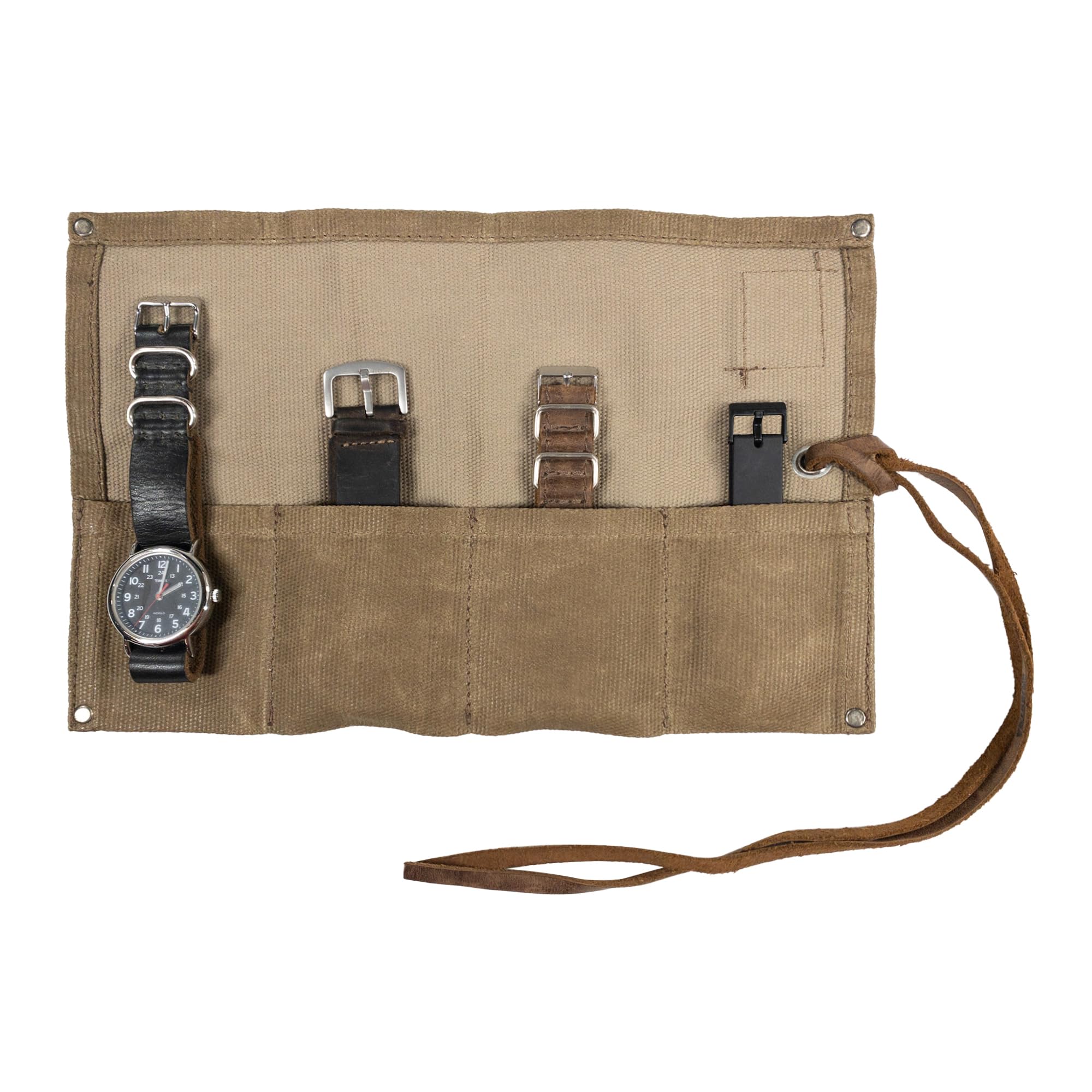 Hide & Drink Light Weight Waxed Canvas Travel Watch Roll Organizer Holds Up to 4 Watches Handmade Army Fatigue