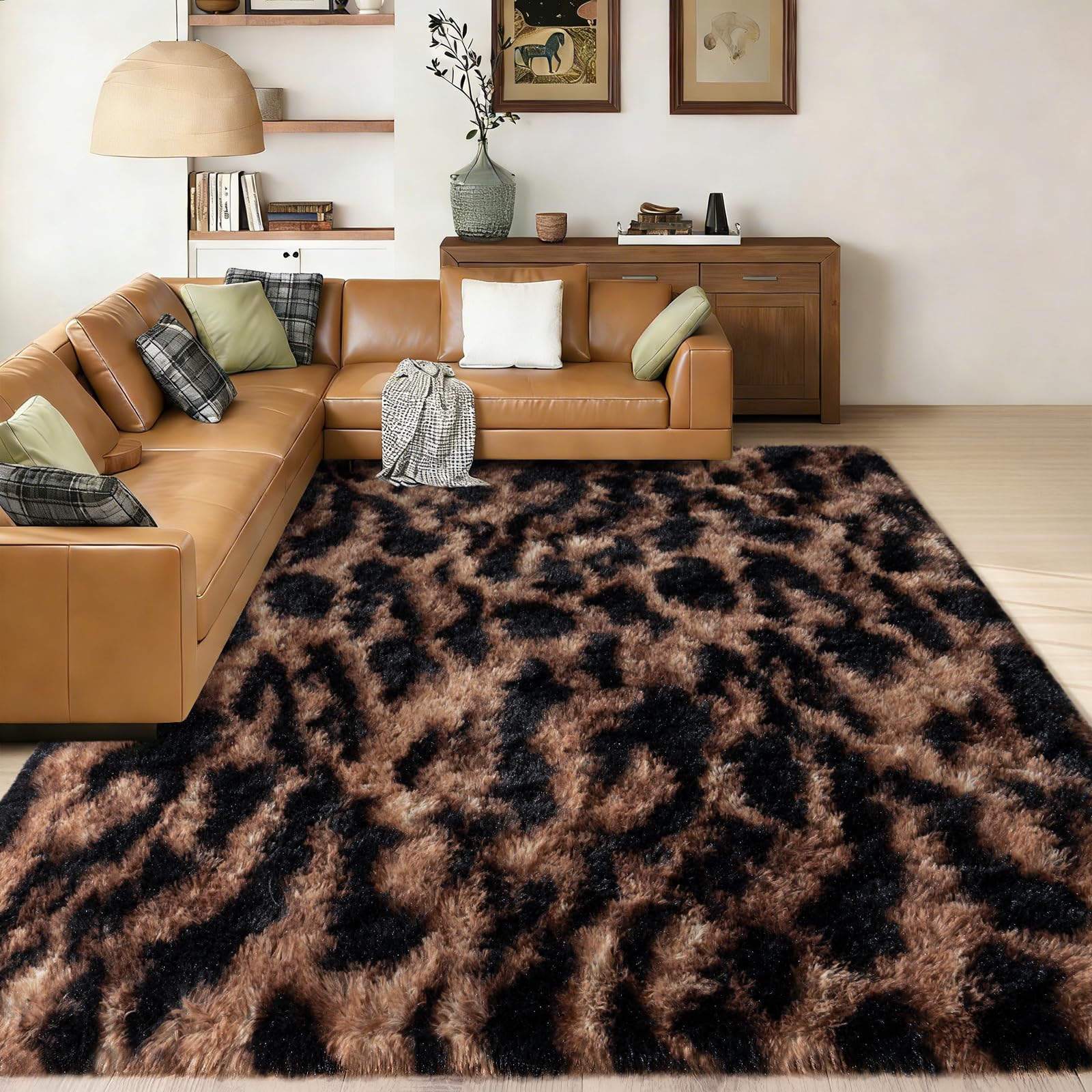 Condition photo showing New/Like New for ailyei shag rugs for living room 5x7, ultra soft tie-dyed brown leopard big fuzzy rugs for bedroom,