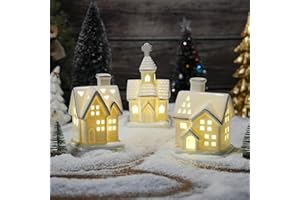 AOMOONOA White Christmas Village Houses, 3Pcs Glazed Ceramic Houses with 3Pcs Christmas Trees, Small Light Up Xmas Village House Set for DIY, Winter Holiday Home Decor, Tabletop Centerpiece (Battery Operated)