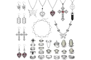 Subiceto 33Pcs Grunge Vintage Punk Necklace Jewelry Set Gothic Earrings Fairy Butterfly Boho Crystal Y2k Cross Pendent Butterfly Heart Choker Goth Stackable Knuckle Rings Adjustable Y2k Accessories for Women Men