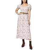 WallFlower Womens Alma Rayon Challis Puff Sleeve Smocked Belted Maxi Dress