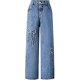 WDIRARA Girl's Bowknot Print Washed Jean Elastic Waist Denim Pants Straight Leg Trousers with Pockets