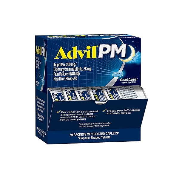 ADVIL PM PAIN RELIEVER AND NIGHTTIME SLEEP AID, PAIN MEDICINE WITH IBUPROFEN FOR PAIN RELIEF AND DIPHENHYDRAMINE CITRATE FOR A SLEEP AID – 50X2 COATED CAPLETS