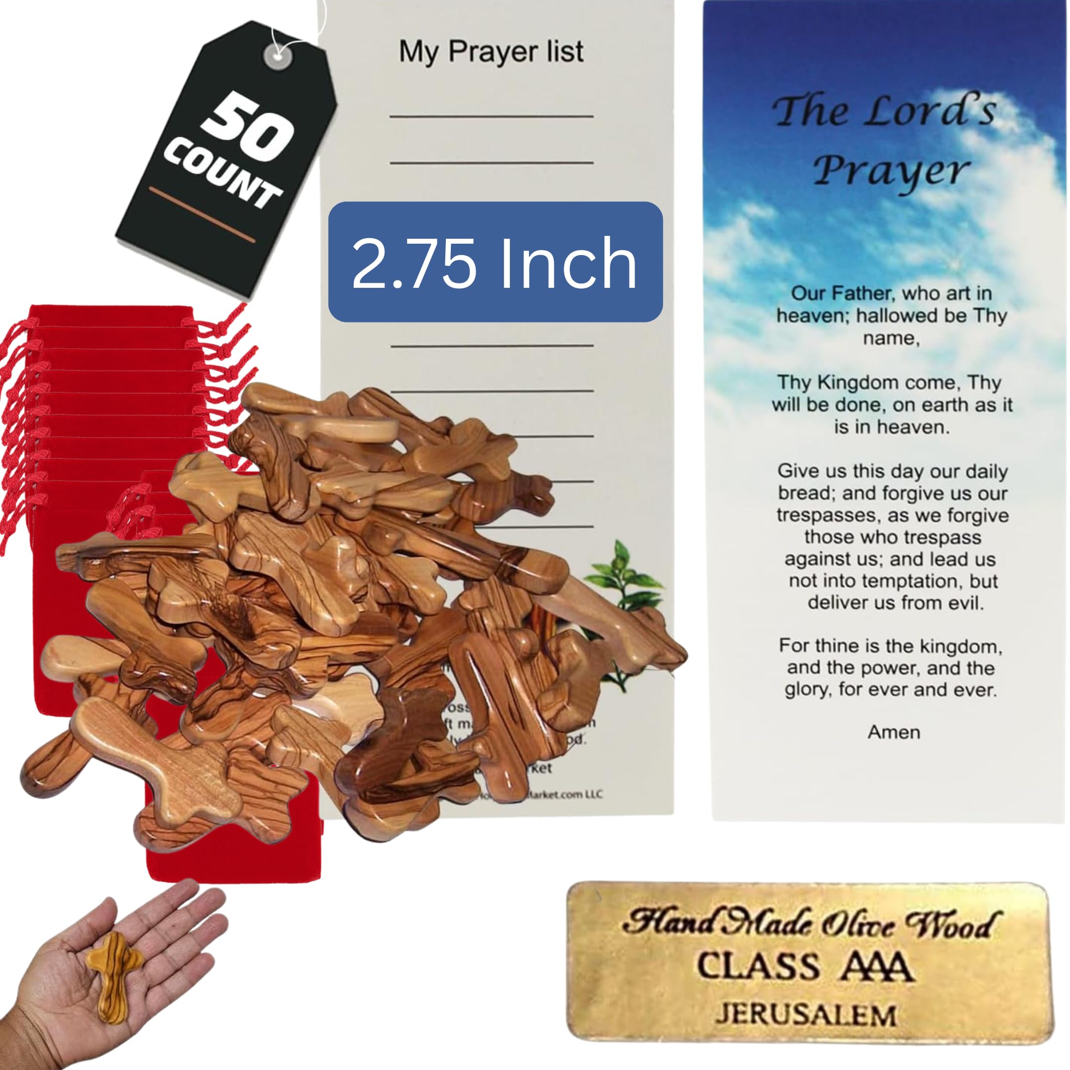 Holy Land Market Small Pocket Holding Comfort Crosses with Bags and Certificates (50)