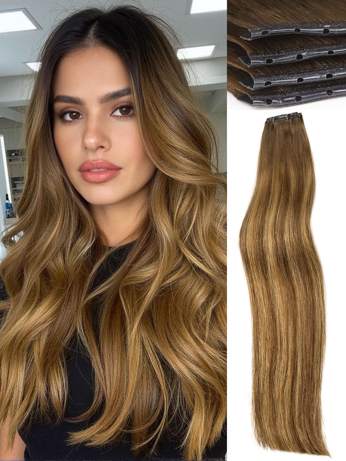 Photo 1 of WIGNEE Double Butterfly Weft Invisible OVO Human Hair Extensions 18 Inch Micro Beads 100% Real Remy Human Hair Extensions T4/27 Highlight Honey Blonde Hair Extensions Real Human Hair for Strong Volume