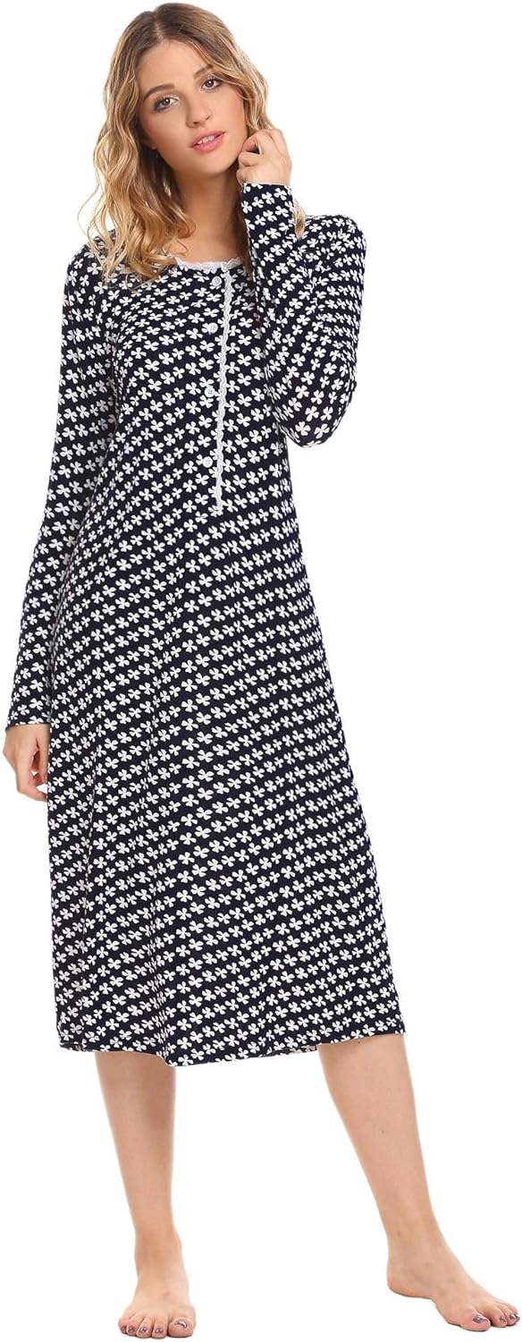 Ekouaer Women's Cotton Knit Nightgown Long Sleeve Sleep Dress Lounge