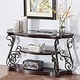 SSLine Traditional Vintage 3-Tier Sofa Console Table with Tempered Glass Table Top,Wood Accent Side Table with Marble Paper Middle Shelf,Hall Table for Living Room Bedroom Entryway