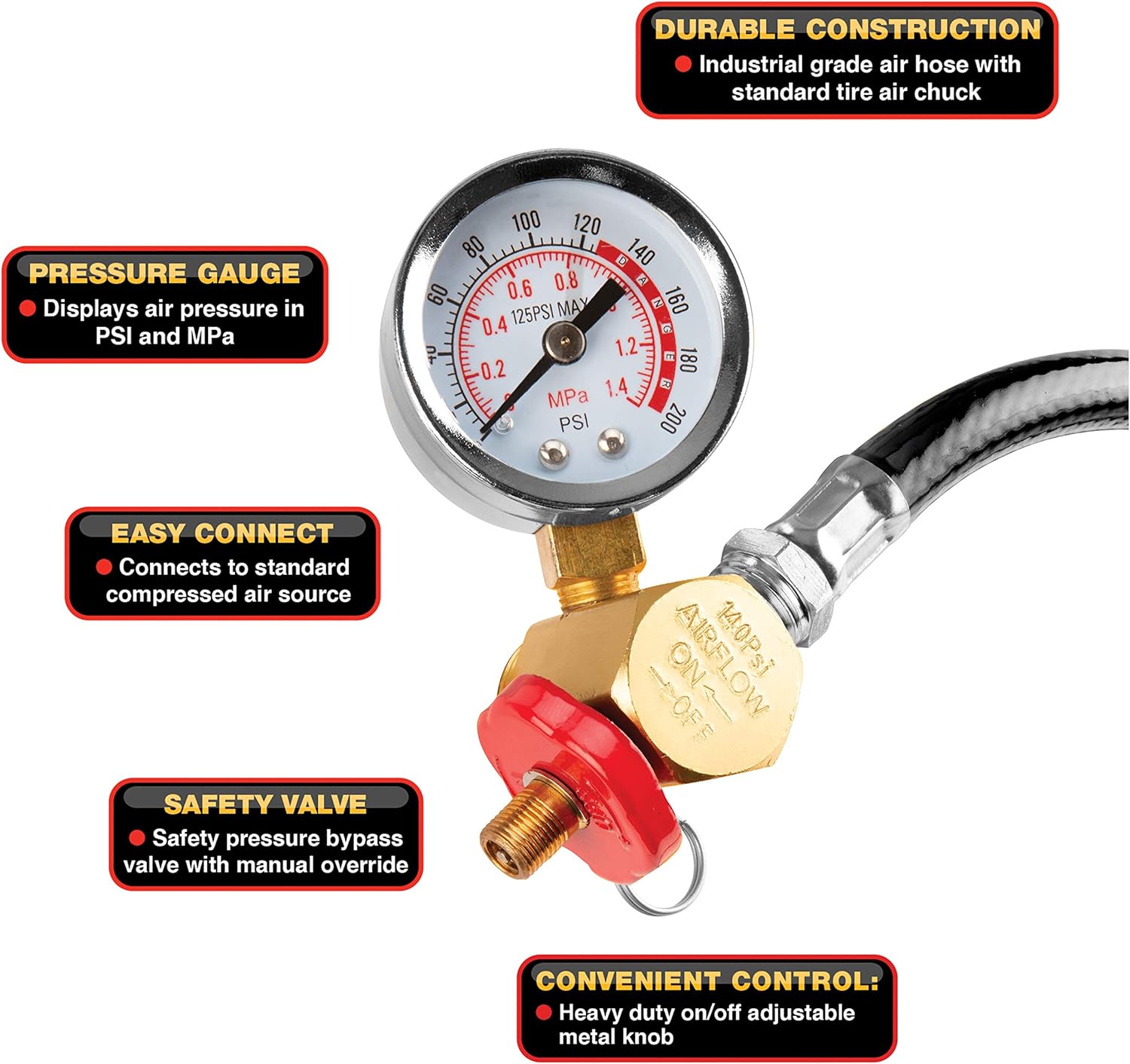 Performance Tool W10058 Air Tank Repair Kit | Manifold Upgraded Metal Shutoff Valve | 0-200 PSI Air Gauge | 4' Air Hose with Tire Chuck: Automotive