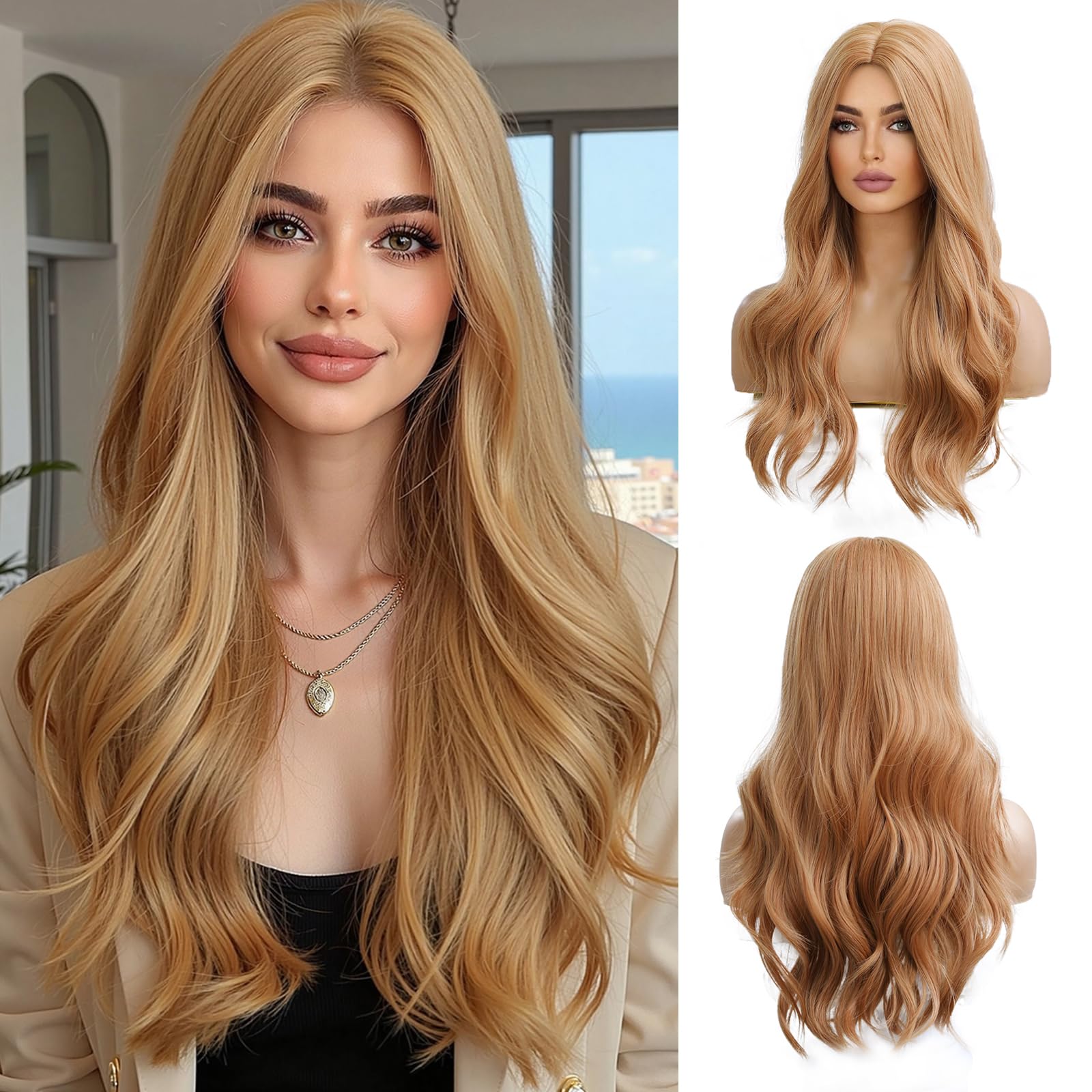 OUFEI Long Wavy Strawberry Blonde Wigs for Women Natural Synthetic Hair Heat Resistant Wigs for Daily Party Cosplay Wear-24 Inches — image 1