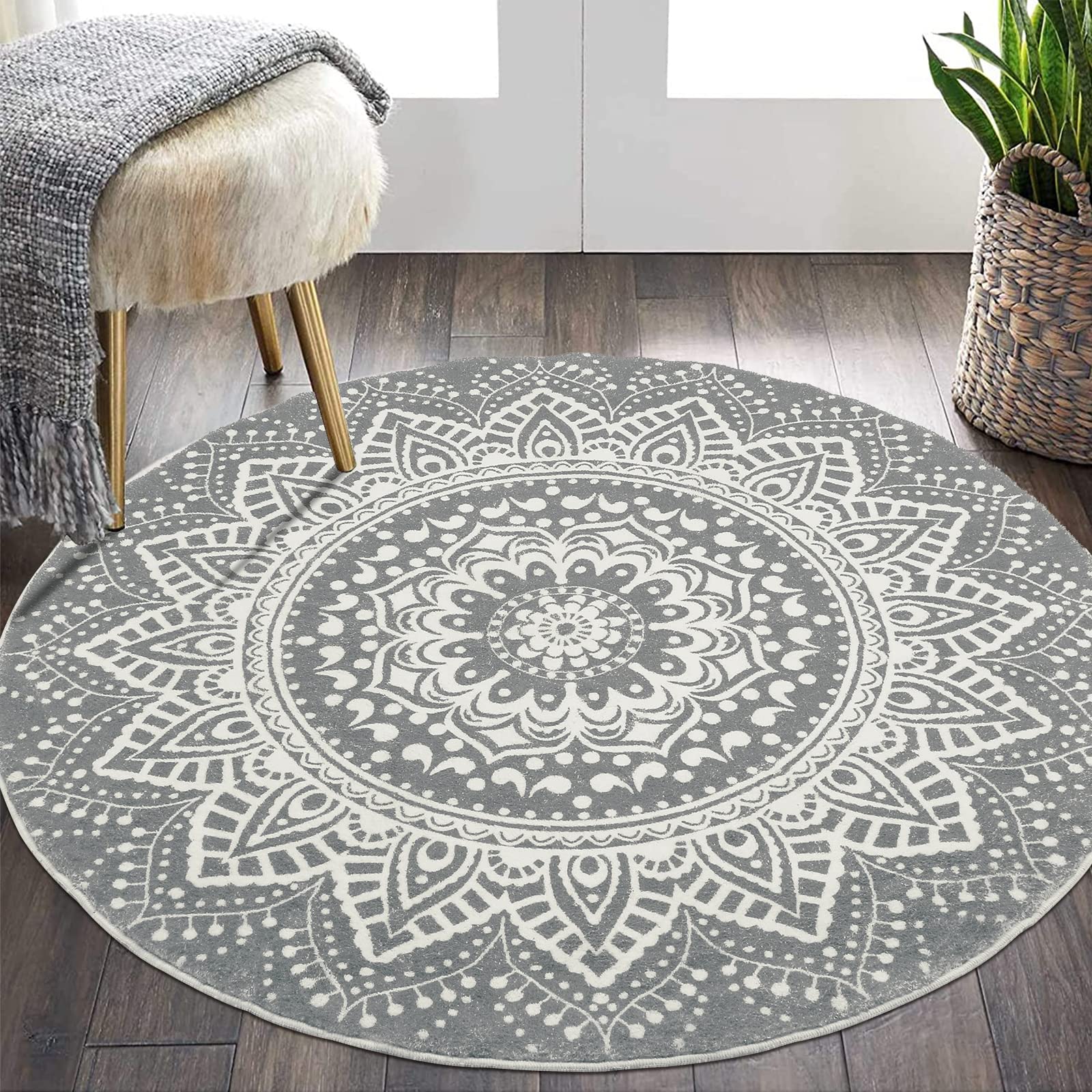 Pauwer Round Area Rug 120 cm Shaggy Ultra Soft Touch Carpet Rugs Washable Non Slip Home Decor Rug Fluffy Living Room Rug Bedside Floor for Bedroom,Dark Grey