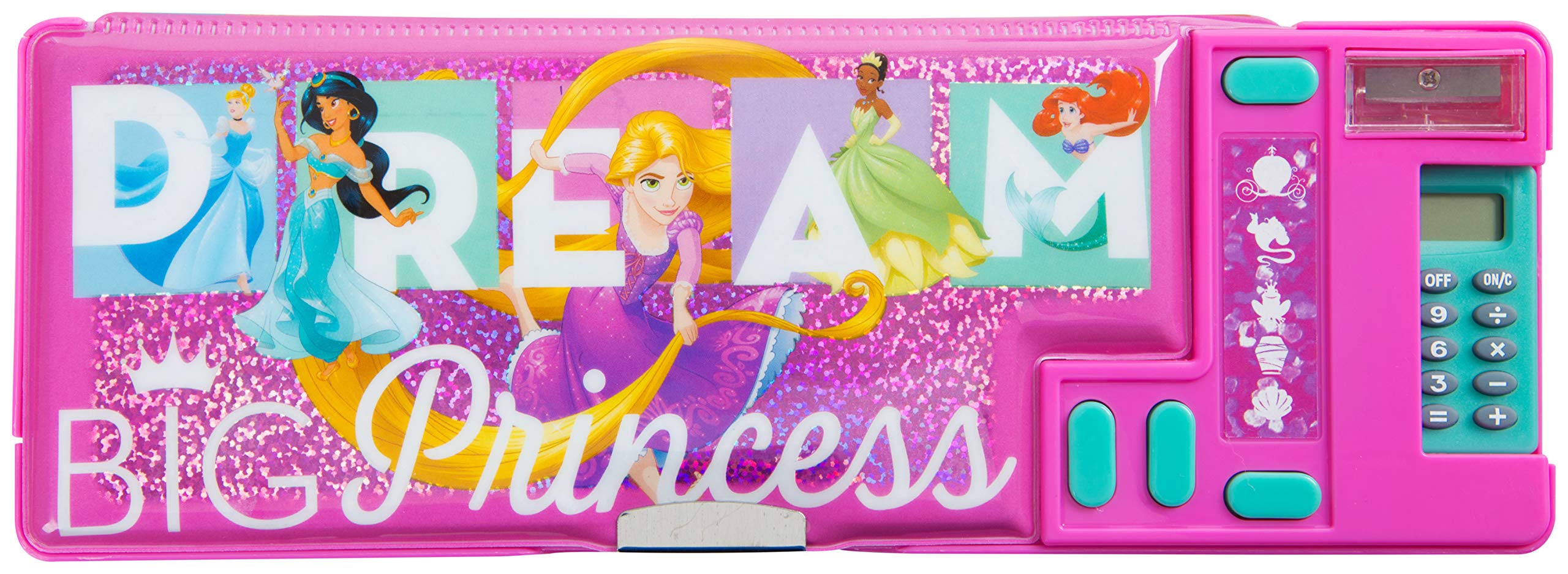 Disney Princess Pink Pencil Case with Compartments Double Sided Hardtop Shell 26 x 9 cm Kids School Stationery Pen Organiser for Girls Featuring Cartoon DVD Cinderella Rapunzel Tiana Jasmine Ariel