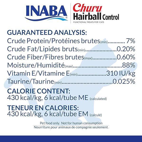 INABA CHURU HAIRBALL CONTROL, FUNCTIONAL, CREAMY LICKABLE PURÉE CAT TREAT WITH TAURINE & VITAMIN E, 0.5 OUNCES EACH, 24 TUBES (4 PER PACK), TUNA RECIPE