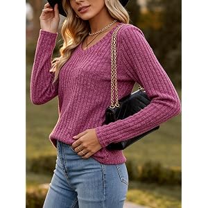 Women's V Neck Ribbed Knit Long Sleeve Top Soft Fuzzy Textured Casual Slim Fit Pullover Sweater Blouse
