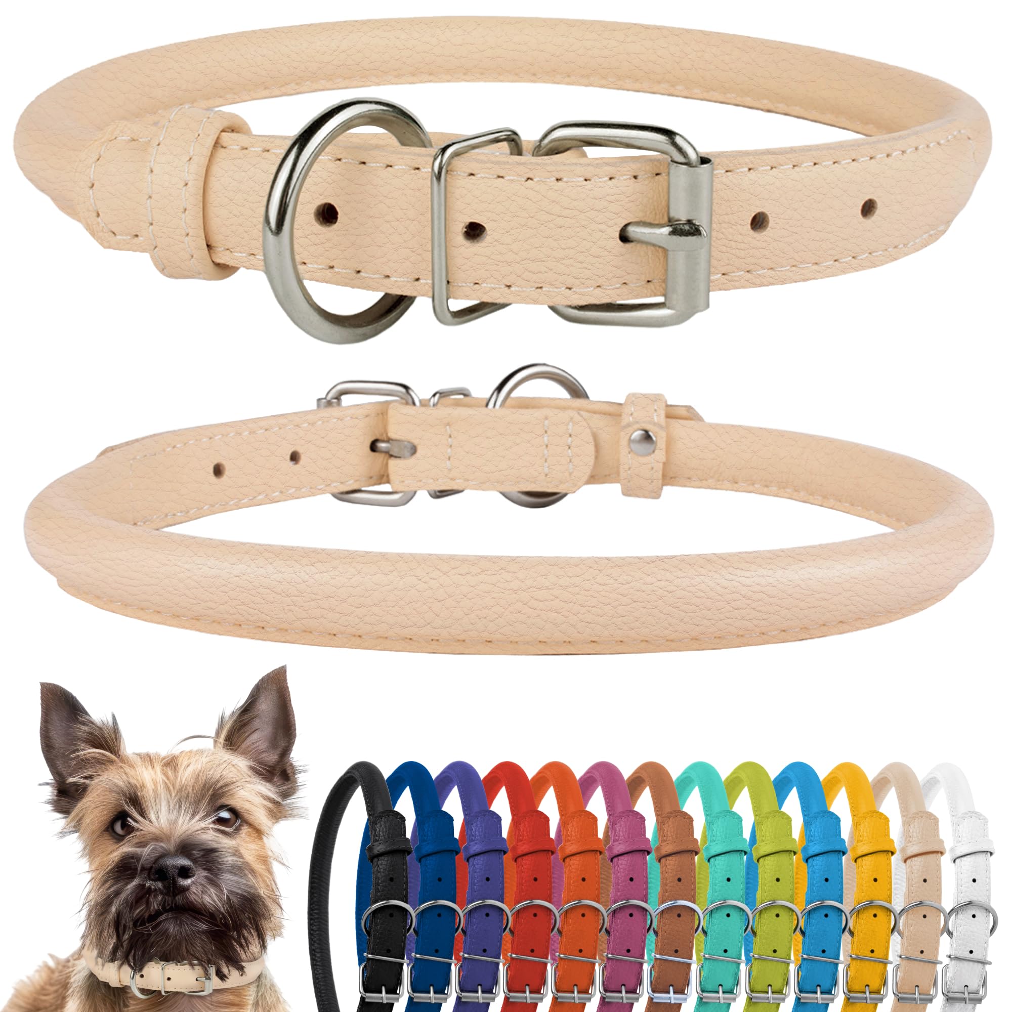 CollarDirect Rolled Leather Dog Collar, Soft Padded Round Puppy Collar, Handmade Genuine Leather Collar Dog Small Large Cat Collars Black Pink Red Purple Blue (Fits 9"-12" Neck, Beige)