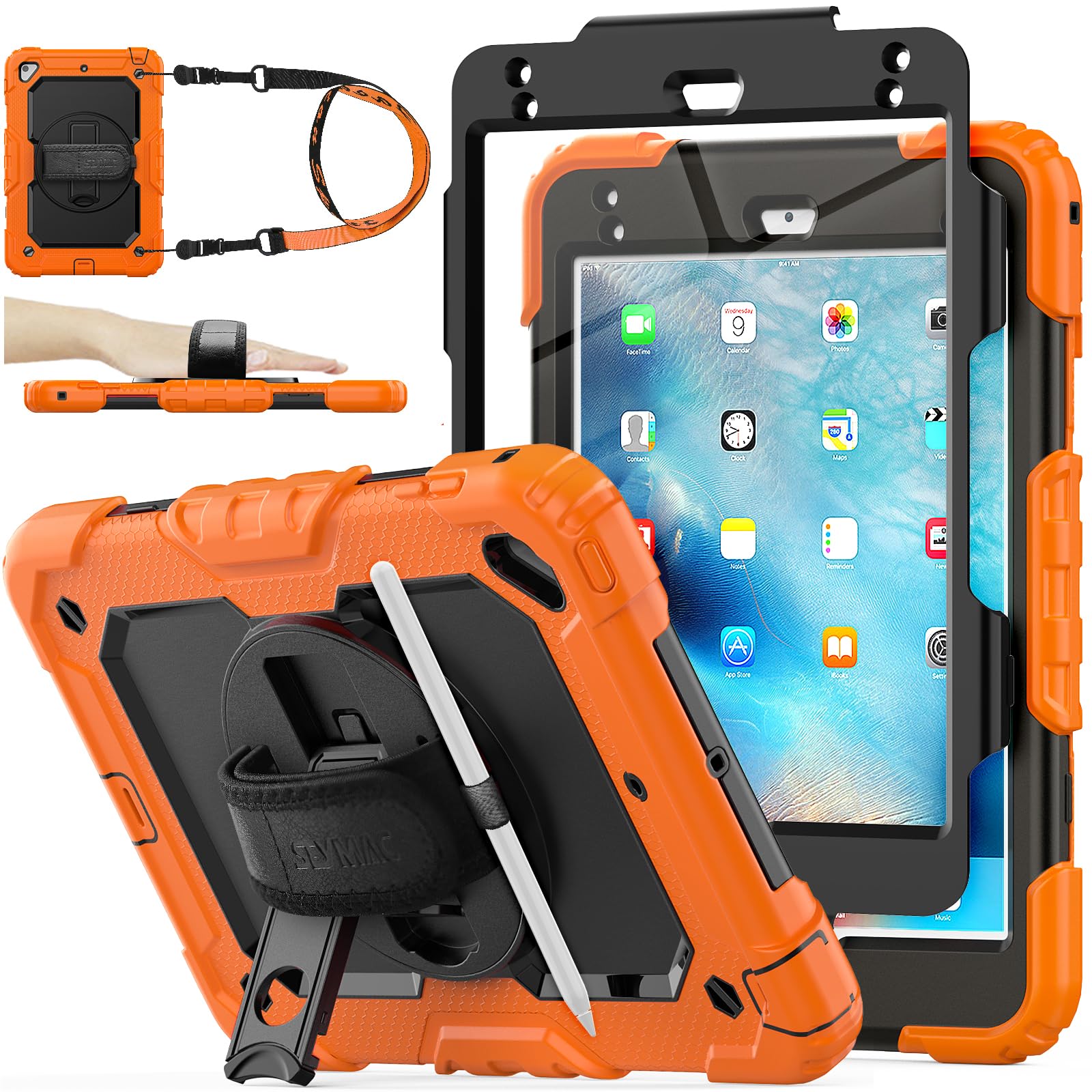 SEYMAC stock Case for iPad Mini 5th/4th Generation 7.9'', Full-body Protective Case with Screen Protector, Pencil Holder, 360° Rotating Stand & Hand Strap for iPad Mini 5/ Mini 4, Orange — image 1
