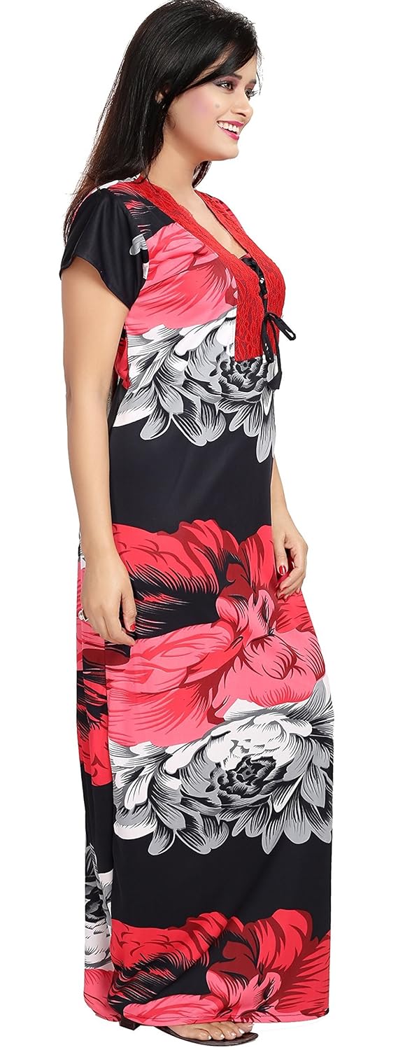 noty women's satin nighty floral print (red-black),free size