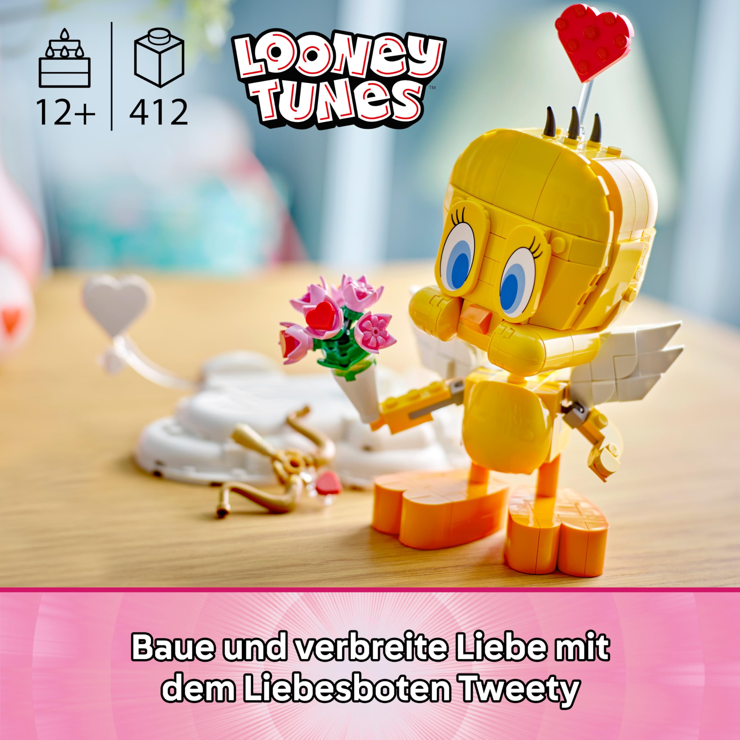 LEGO Looney Tunes Liebesbote Tweety - Modellbau zu Looney Tunes mit Zubehör - Blumenstrauß, Herz, Amor-Bogen & Wolkenständer - Kreatives Geschenk für Mädchen & Teenager ab 12 Jahren - 40824 2
