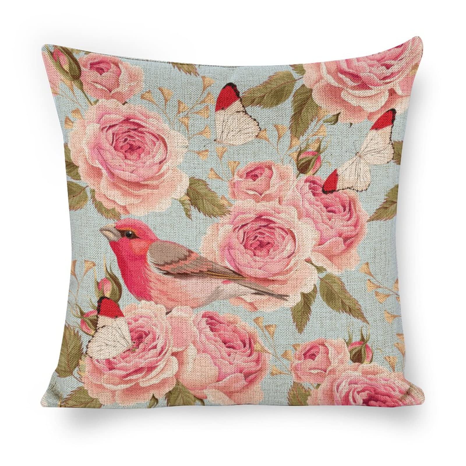 Photo 1 of Linen Pillow Case Blue Pink Rose Bird Pattern 18x18 Inch Double Sided Decorative Cushion Cover for Sofa Bed Chair Car