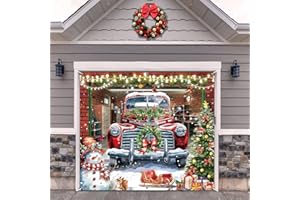JECTIVS Christmas Garage Door Banner Cover Decorations,7 x 8 Ft Red Truck Christmas Snowman Tree Holiday Garage Door Outdoor Backdrop for Xmas Holiday Winter New Year Party Supplies