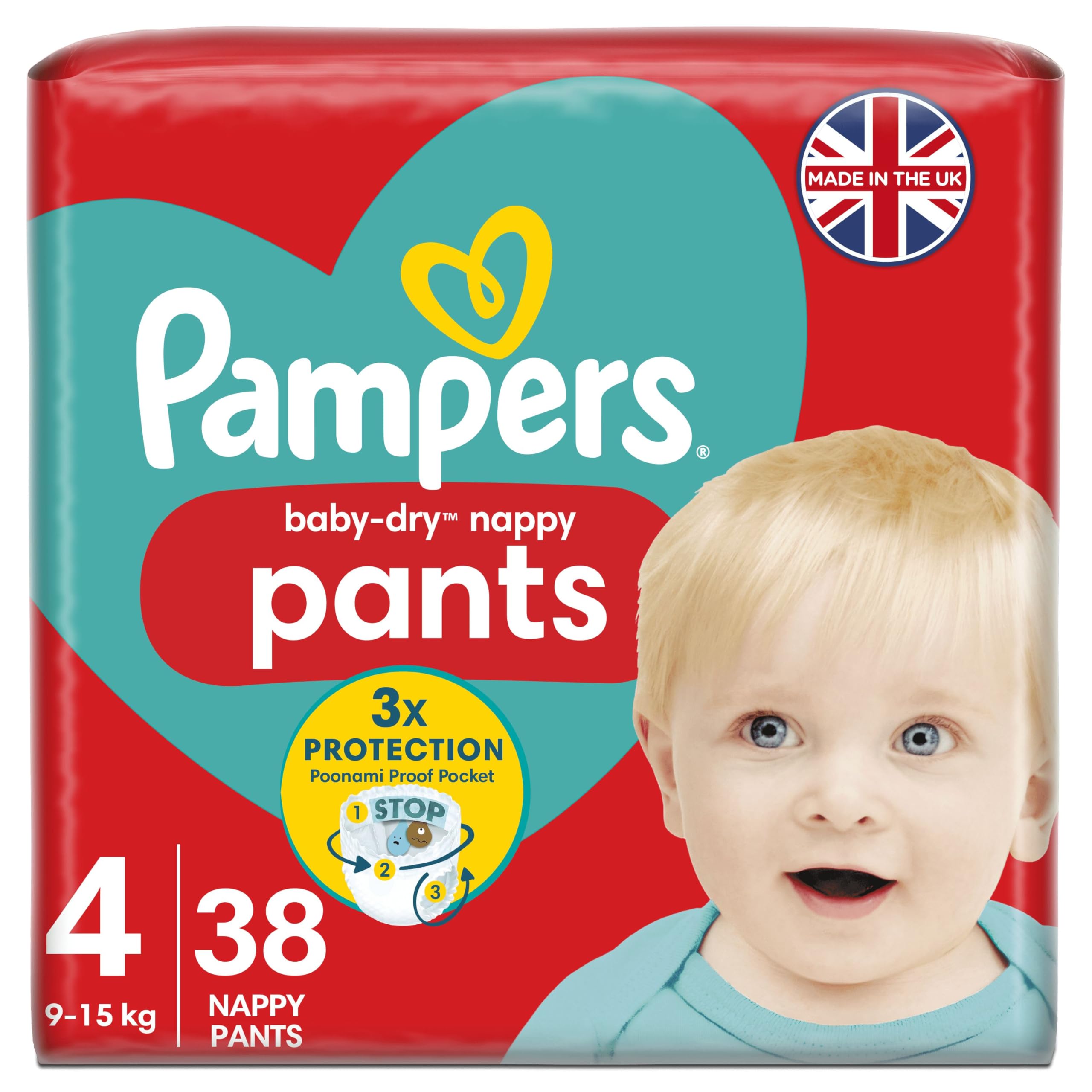 Pampers Baby-Dry Nappy Pants Size 4, 38 Nappies, 9kg-15kg, Essential Pack, 360° Fit To Help Prevent Gaps And Leaks