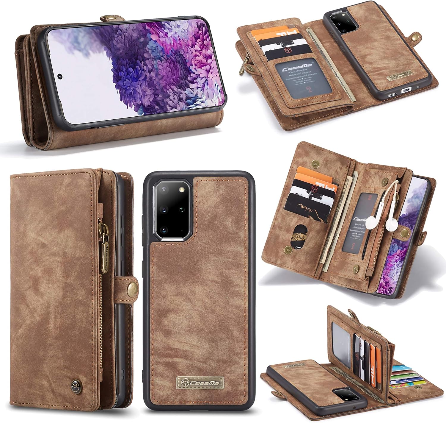 UFinetech Detachable Samsung Galaxy S20 FE Case Wallet Leather TPU Magnetic Flip Slot Card Holder Zipper Stylish 2020 Luxury 2-in-1 Multifunction Purse Holster Cover for Samsung Galaxy S20 FE 5G Brown