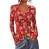 BTFBM Button Down Shirts for Women 2026 Spring Boho Tops V Neck Long Sleeve Blouses Ruched Mesh Fitted Fall Fashion