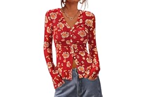 BTFBM Button Down Shirts for Women Fall Fashion 2025 V Neck Long Sleeve Blouse Ruched Mesh Fitted Floral Print Boho Tops