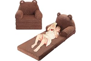 MOMCAYWEX Foldable Kids Sofa, Sherpa Toddler Couch with Tri Folding Foam Cushions, Comfy Couch for Kids Age 18 Months and Up, Brown