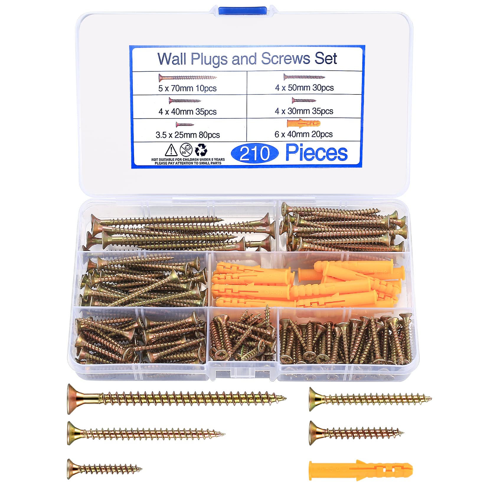 210 Pcs Wood Screws Assortment Set, Self Tapping Countersunk Self Drilling Cross Flat Head Brass Zinc Screws for Wood, with 20 Pcs M6 Screw Anchors