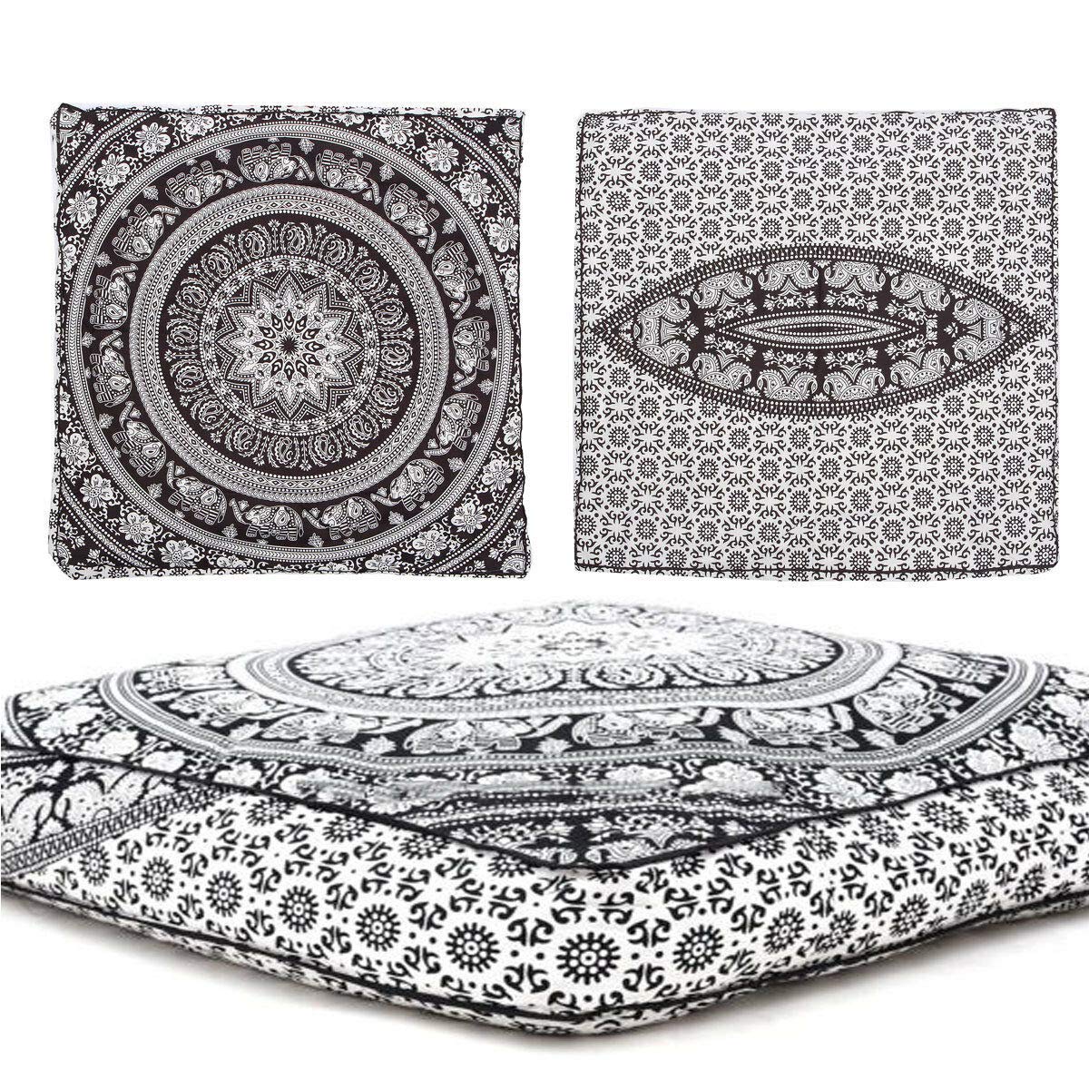 Radhykrishnafashions Indian 32" Large Hippie Mandala Floor Pillow Cover Cushion Cover Round Bohemian Yoga Decor Floor Cushion Case (BLACK & WHITE ELEPHANT SQUARE)