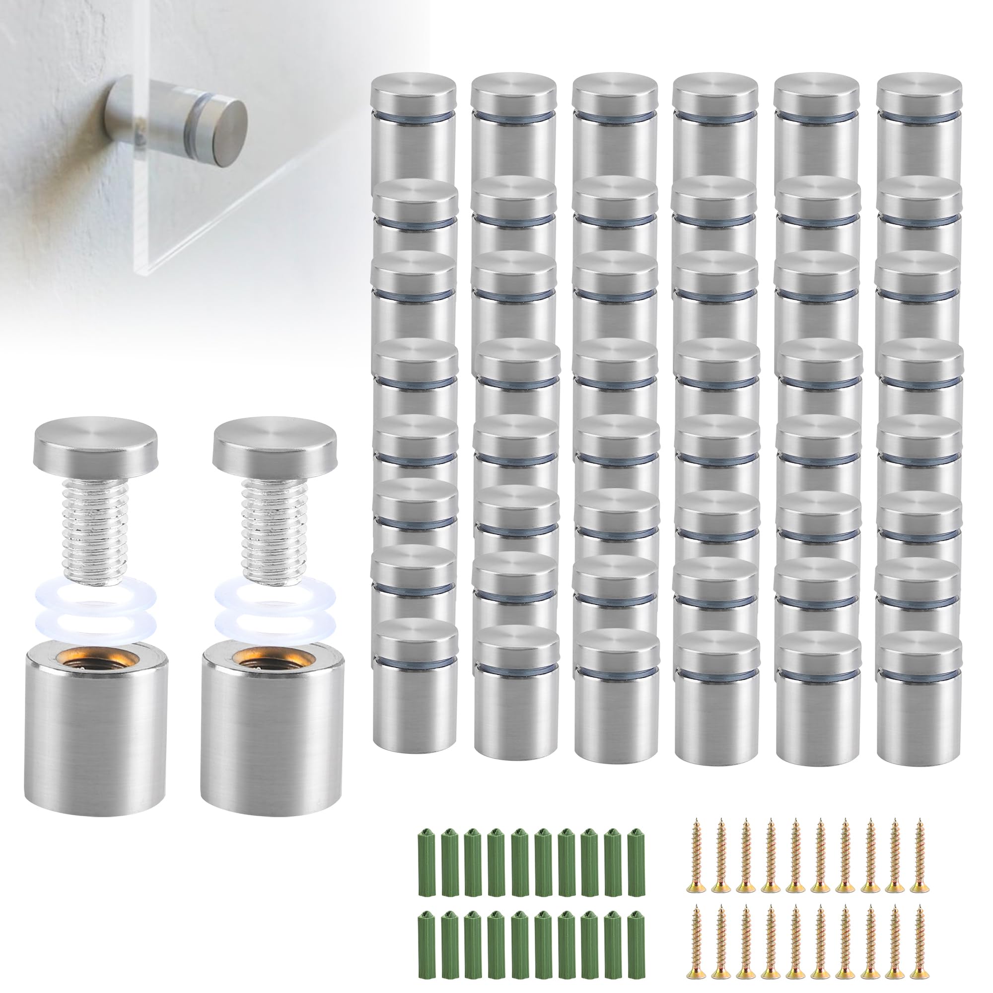 YKUKIZEE 60 PCS Stand Off Wall Fixings 12x25 mm Stainless Steel Advertising Nails Advertising Screw Stand Off Bolts Silver for Display Sign Poster Billboard