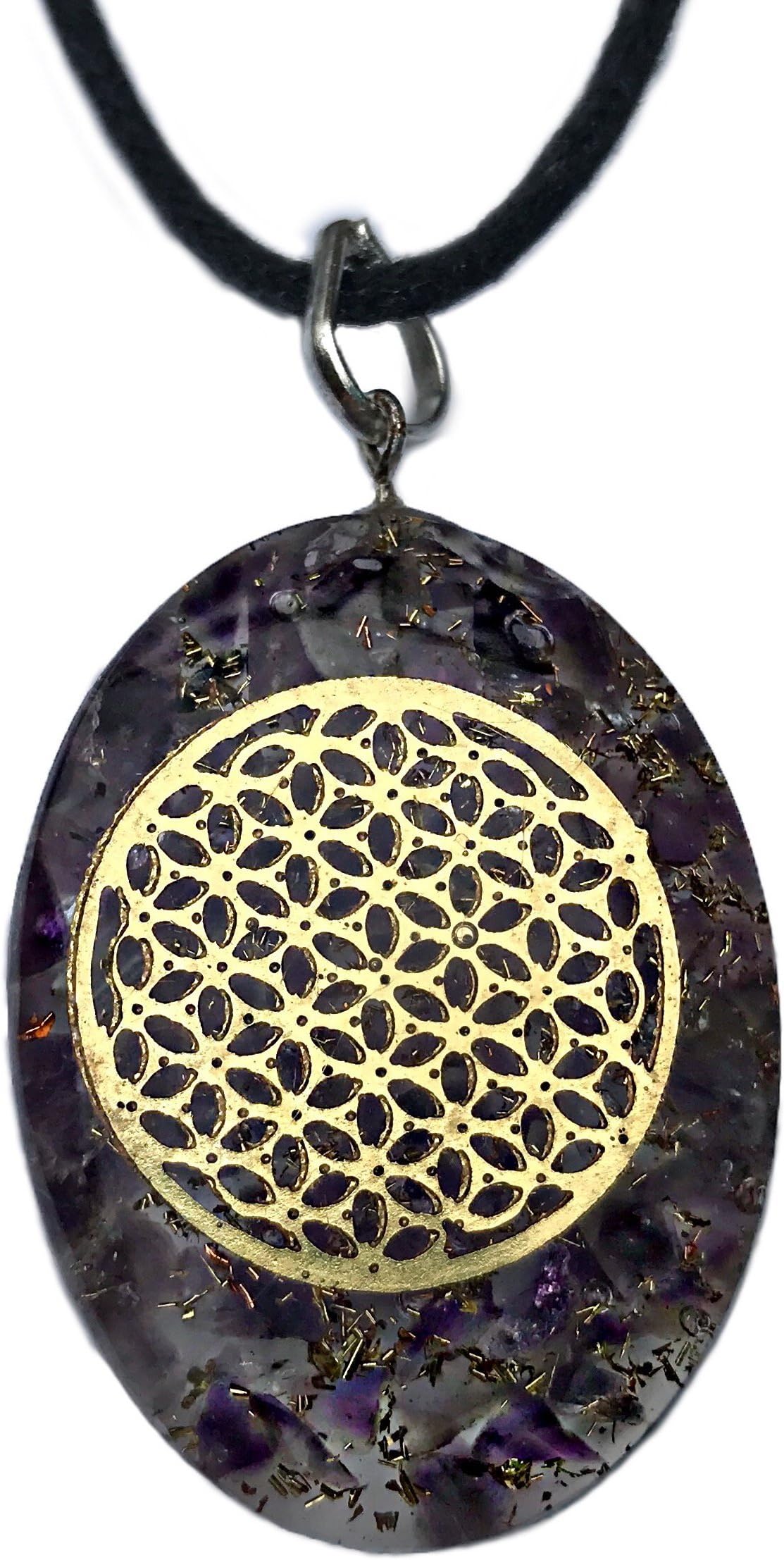 Orgone Pendant Flower of Life EMF Protection- Powerful Cleansing Amethyst Energy Generator with Black Cord