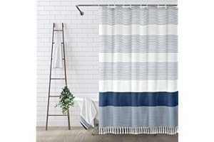 Awellife Navy Blue Shower Curtain for Bathroom Stripe Tassel Shower Curtain 72 X 72 Inches Farmhouse Cotton