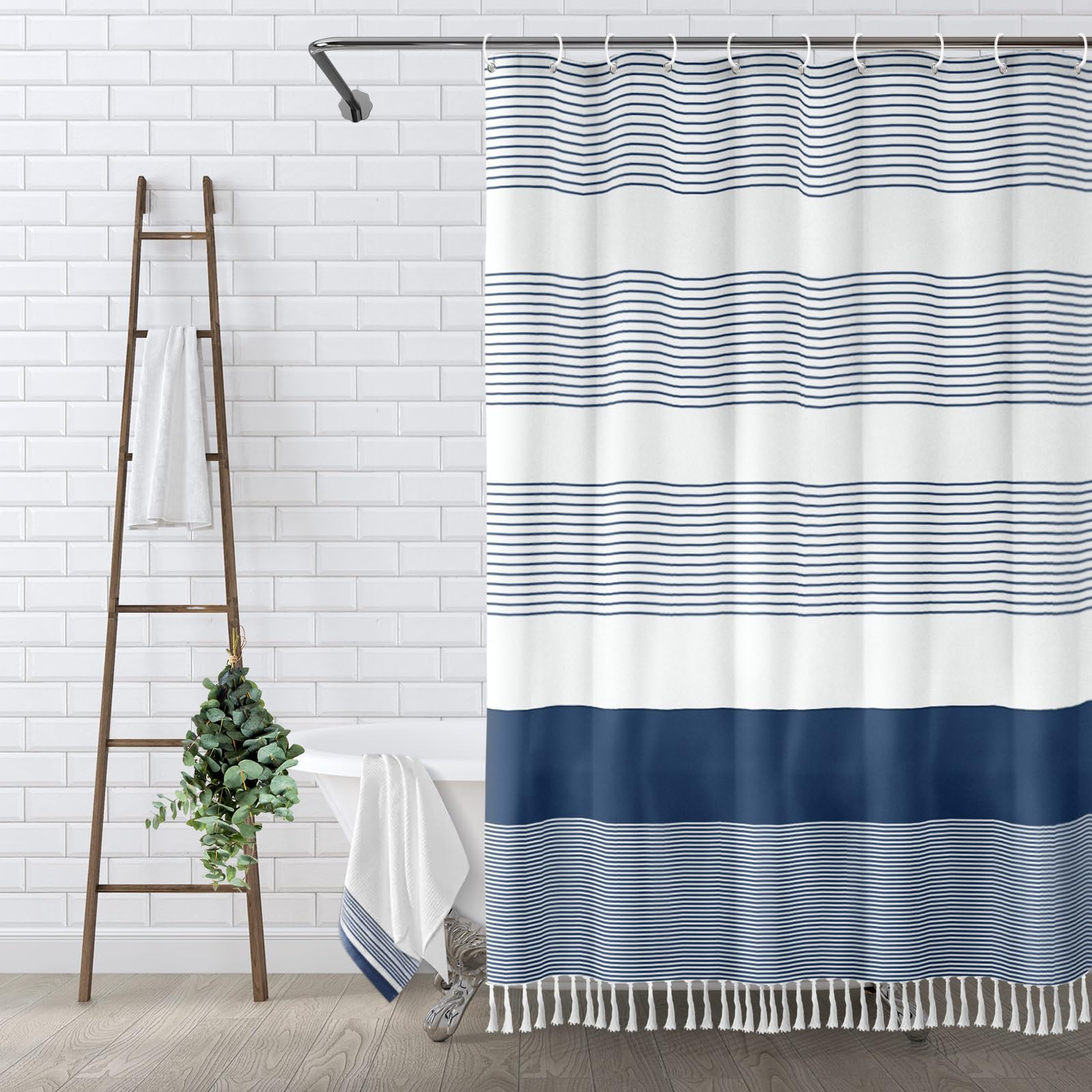 Photo 1 of Awellife Navy Blue Shower Curtain for Bathroom Stripe Tassel Shower Curtain 72 X 72 Inches Farmhouse Cotton
