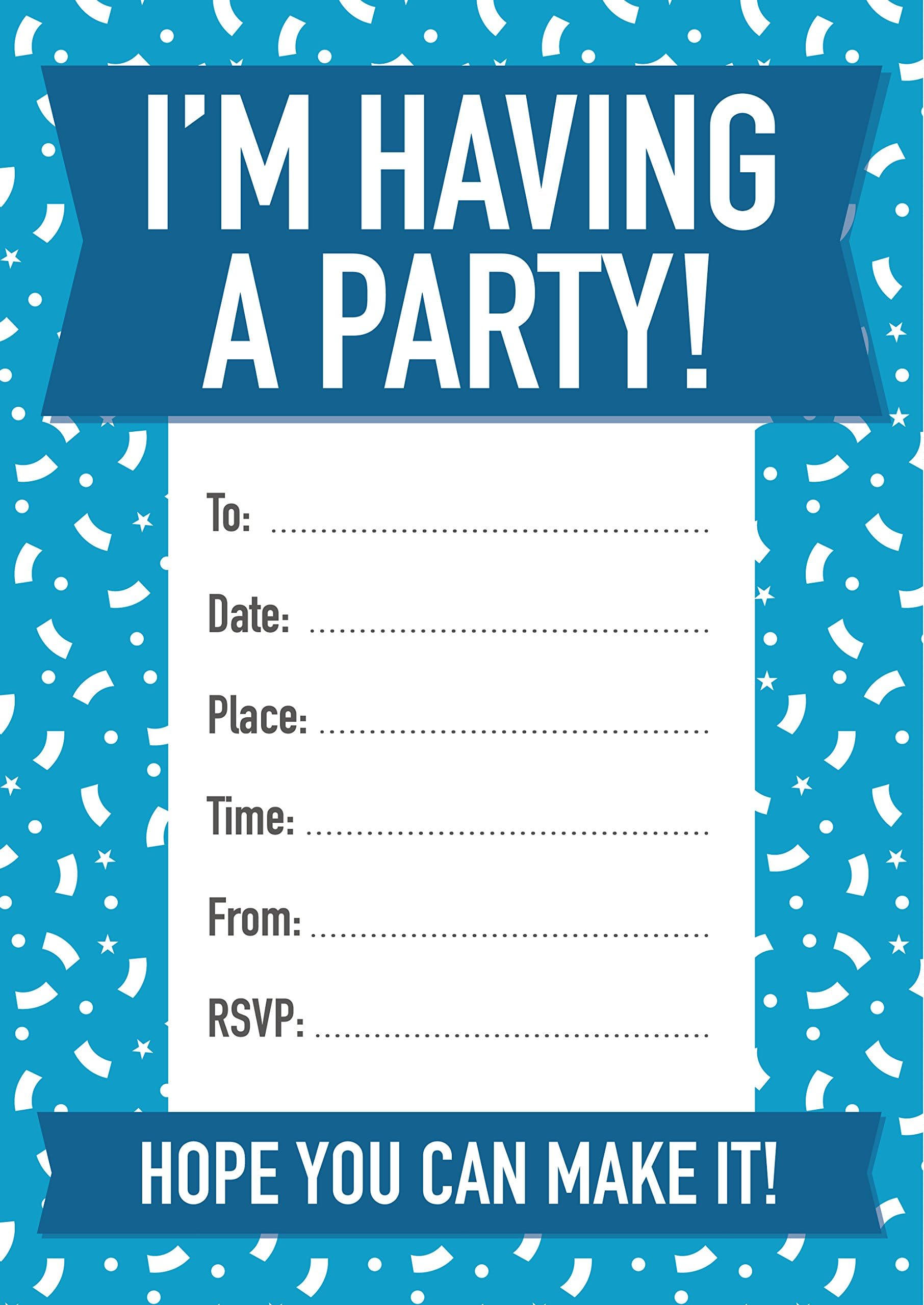 Party Invitations - Invites - Blue - Pack of 16 - A6 Size (With Envelopes)