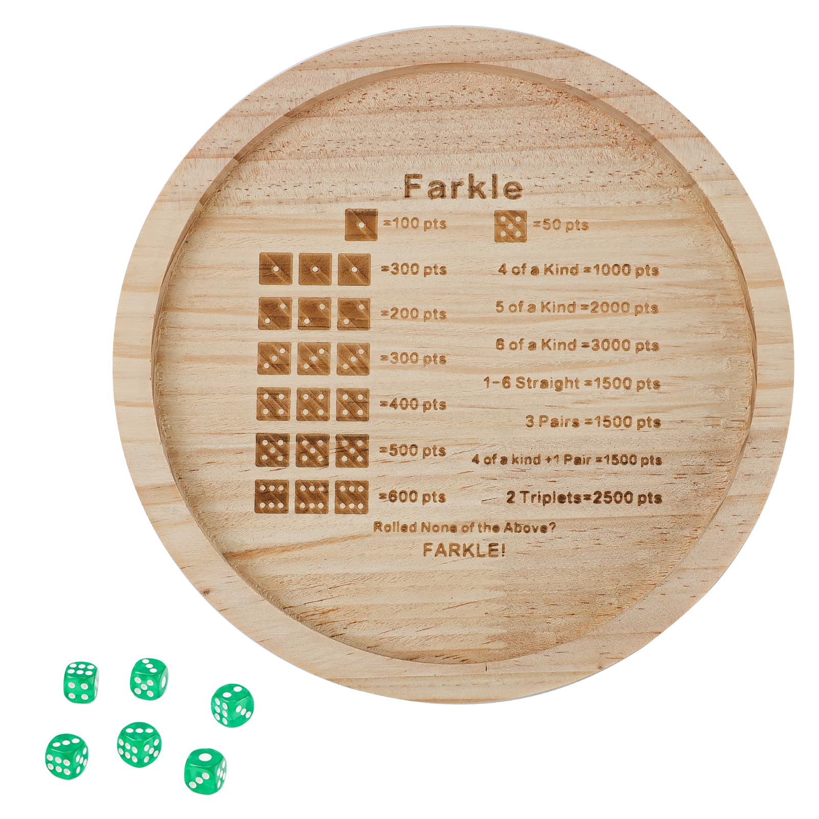 NQEUEPN Wooden Farkle Dice Tray with 6 Dice, 7 Inch Round, Wood Color, Black, Green, Solid, Simple Style, Game-Specific Design, Perfect for Family Gatherings