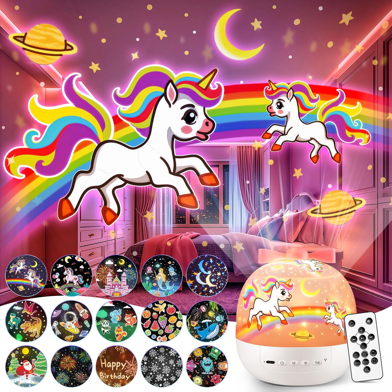 Baby Night Light Projector | 15 Films & 15 Soothing Sounds & 7 Colors & Remote Control | Unicorn Gifts for Girls Kids Night Light Projector, Sensory Lights Baby Toys for Girls Gifts for Girl Age 3-5