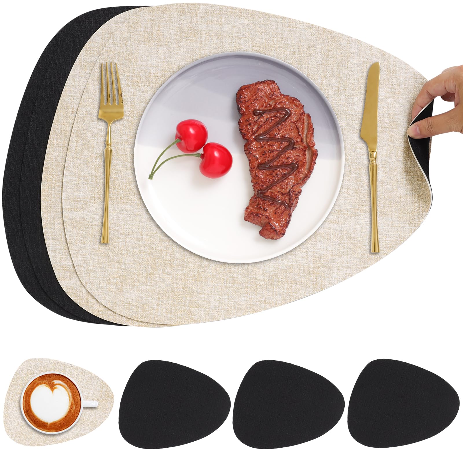 Chitomars Placemats and Coaster Set of 4, Place Mats Table Mats Coffee Mats Placemats set of 4 Triangle Waterproof Wipeable Dual Sided Kitchen Heat Resistant Non-Slip Washable