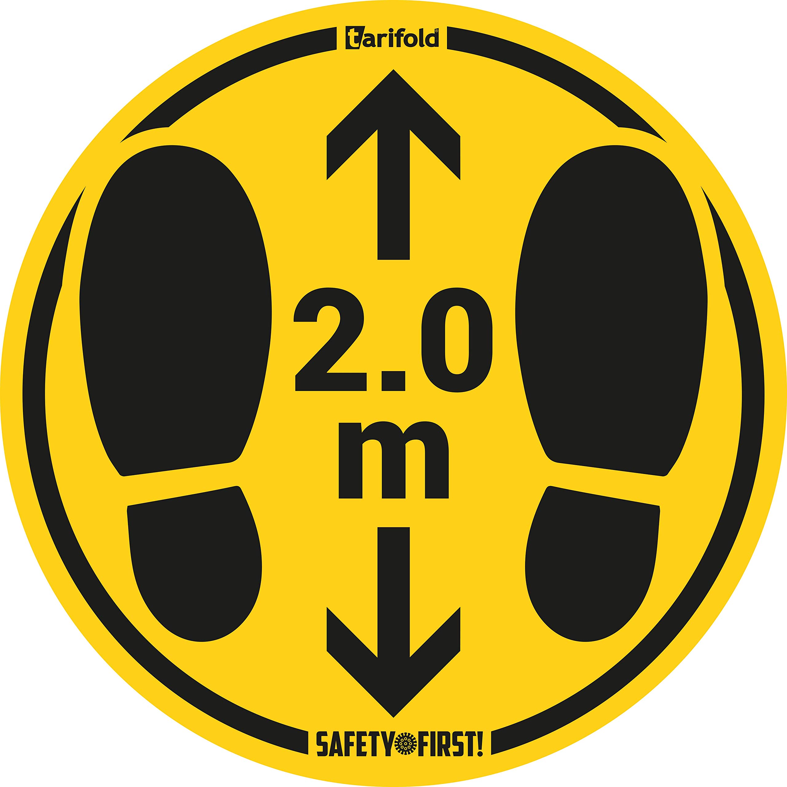 TARIFOLD Fr 197857 – Warning Sticker “Keep Your Distance from Safety” | Marking and Signage on the Floor Smooth Surfaces - Ø 350 mm| Yellow/Black, Pack of 2