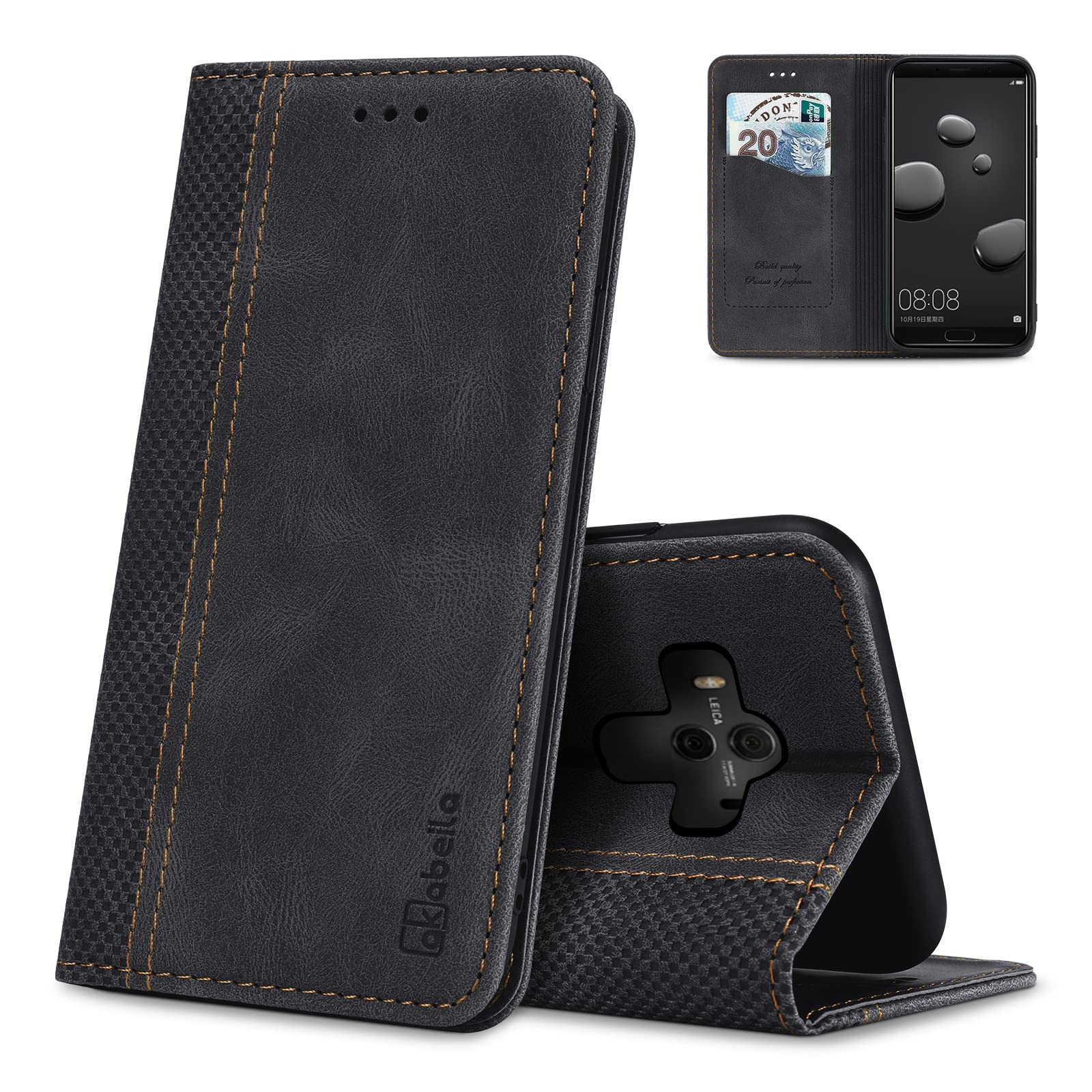 AKABEILA Case for Huawei Mate 10 Pro Premium Leather Flip Wallet Case with Magnetic Closure Kickstand Card Slots Folio Phone Cover Protective Screen Protector Holster Shell Shockproof Black