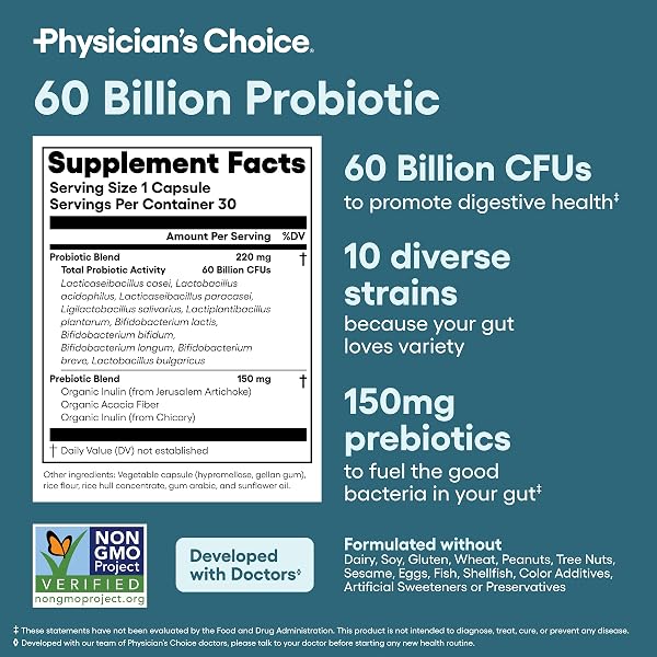 PHYSICIAN’S CHOICE PROBIOTICS 60 BILLION CFU – 10 STRAINS + ORGANIC PREBIOTICS – IMMUNE, DIGESTIVE & GUT HEALTH – SUPPORTS OCCASIONAL CONSTIPATION, DIARRHEA, GAS & BLOATING – FOR WOMEN & MEN – 30CT