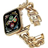 ALAMHI Compatible With Apple Watch Band 38mm 40mm 41mm 42mm 44mm 45mm 49mm, Gold Cowboy Chain Stainless Steel Metal Wristband Women Men Replacement for iWatch SE Series Ultra/9/8/7/6/5/4/3/2/1