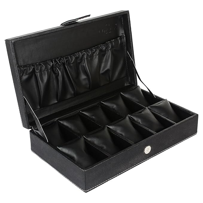 OMAX Handmade Black PU Leather 10 Pc Slot Watch Collection Jewllery Storage Organizer Box Case Size 37*20*8 CSK01