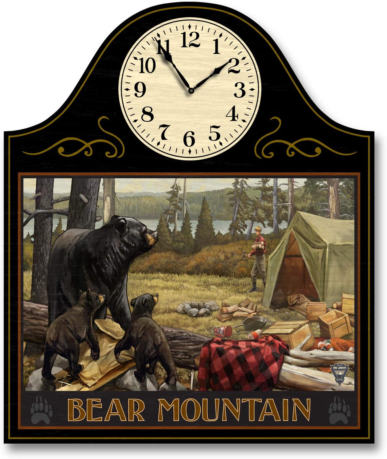 Northwest Art Mall Bear Mountain New York Lake Camper Bears Wood Wall Clock for Home & Office by Paul A. Lanquist (9" x 12") with 5" Clock Face.