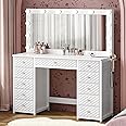HAUOMS Vanity with Extra Large Mirror and Lights, Makeup Vanity with Power Strip, 45.3” Vanity Desk with Storage, Dressing Table with 3 Color Modes, Adjustable Brightnessfor Girls, Women (White)
